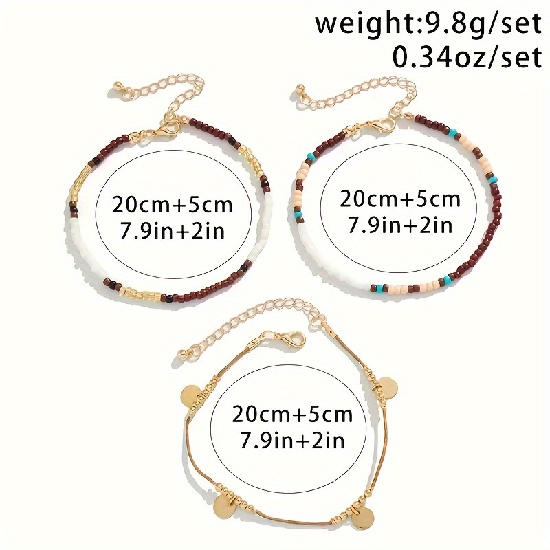 Boho 3pcs Waterproof Beaded & Braided Anklet Set